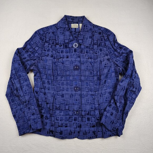 Chico's Jackets & Blazers - Chicos Blazer Jacket Womens 1 Medium Blue Geometric Buttoned